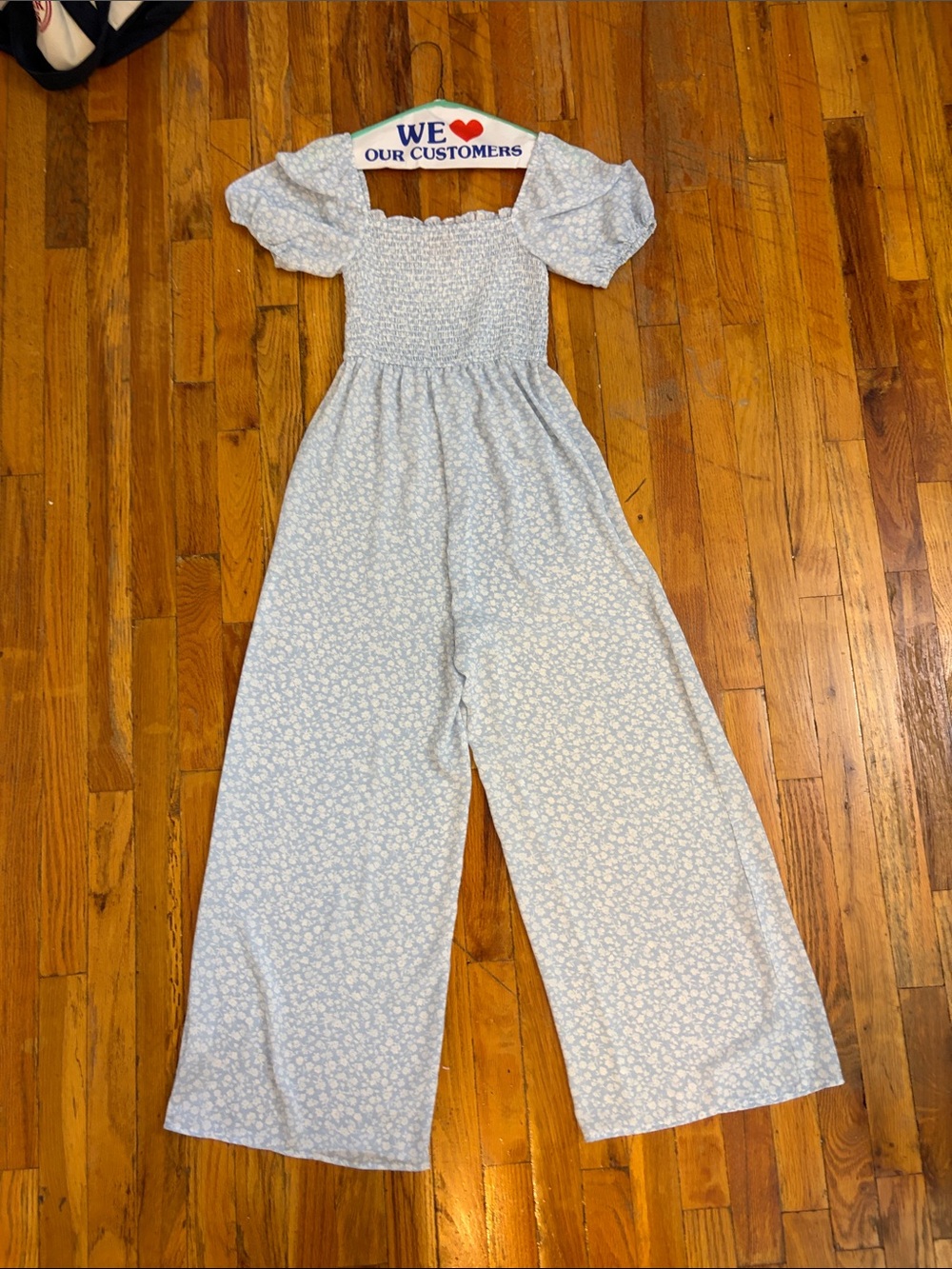 Francesca Audrey parks Light Blue Floral Smocked Puff-Sleeve Wide-Leg Jumpsuit